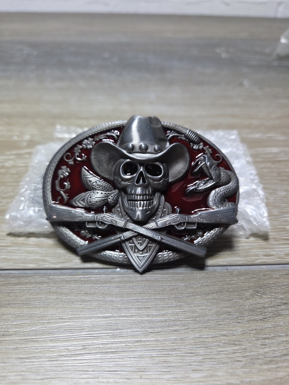Western Cowboy Skull Crossed Rifles Snake Red Belt Buckle